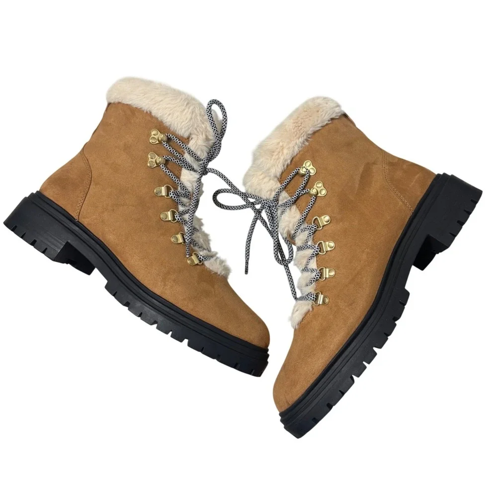 J. Crew Factory Hiking Boots Womens 9.5 Tan Excellent Faux Fur Lug Sole